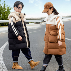 儿童羽绒服男童中长款过膝加厚2023新款冬季女童中大童白鸭绒外套