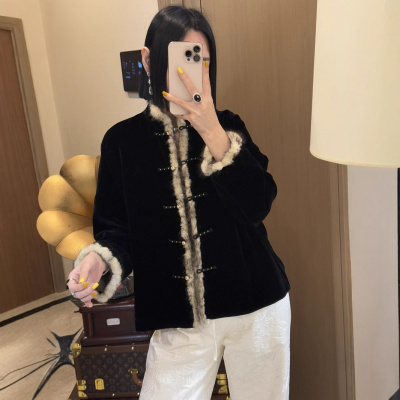 新中式真丝丝绒拼真毛水貂毛外套优雅气质撞色复古国风上衣秋冬女