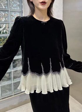 法式小香风真丝丝绒衬衫女新款设计感重工手工钉珠镶钻荷叶边上衣