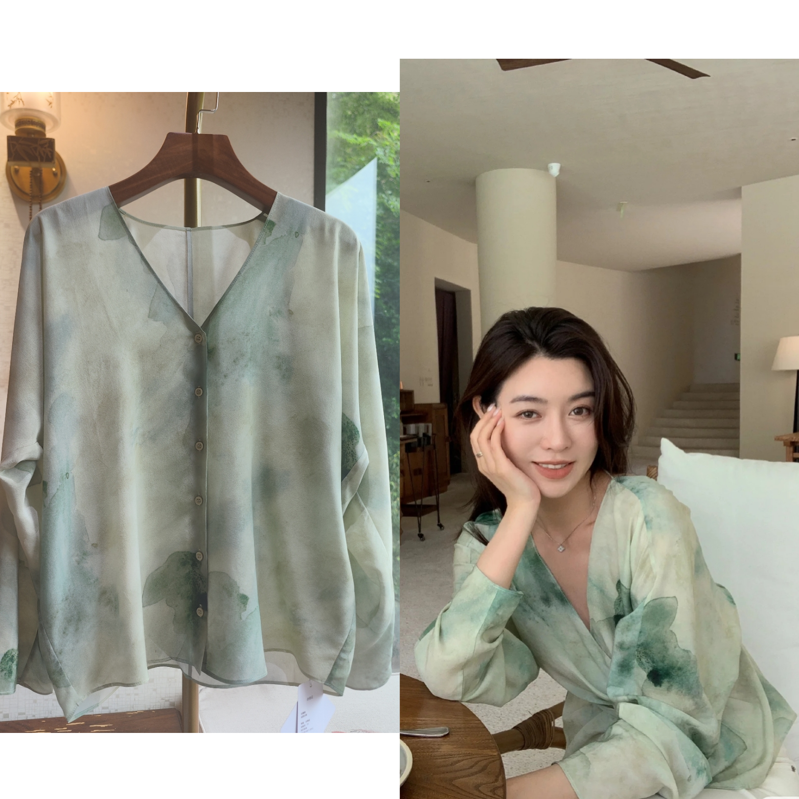 100%桑蚕丝~复古绿水青山水墨画高端春夏新款女装气质长袖真丝