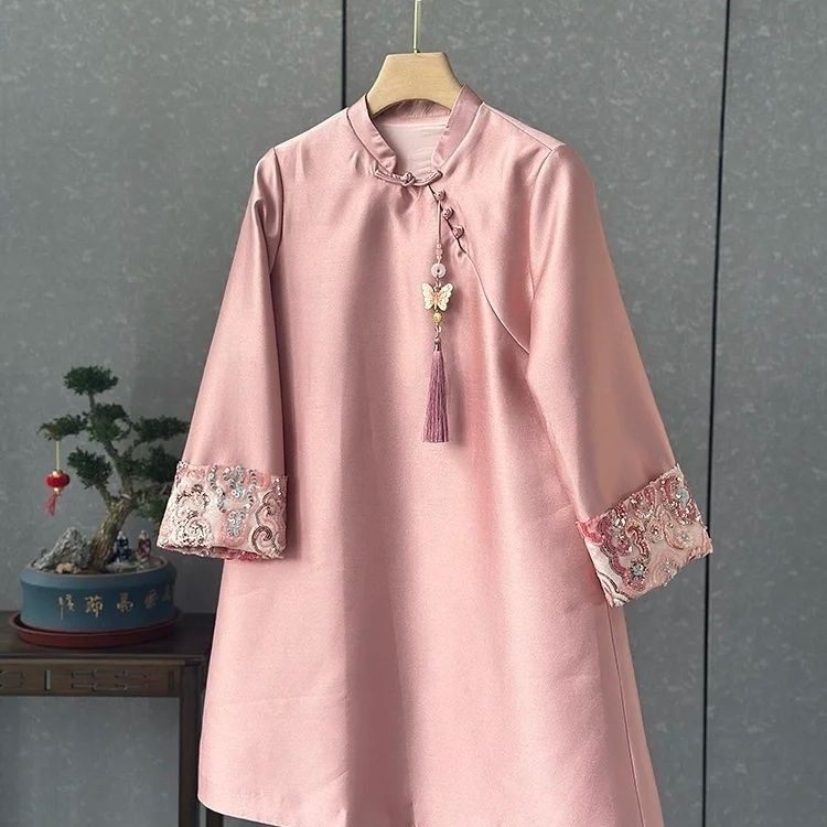 新中式丝毛混纺A字旗袍改良秋冬女装高端定制南油尾货长袖连衣裙