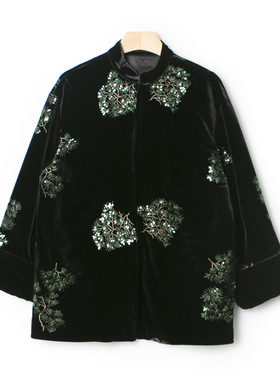 M e*绿色松针|重工刺绣真丝丝绒立领外套新款