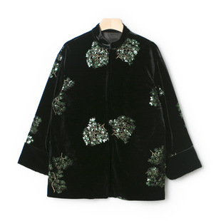 重工刺绣真丝丝绒立领外套新款 绿色松针