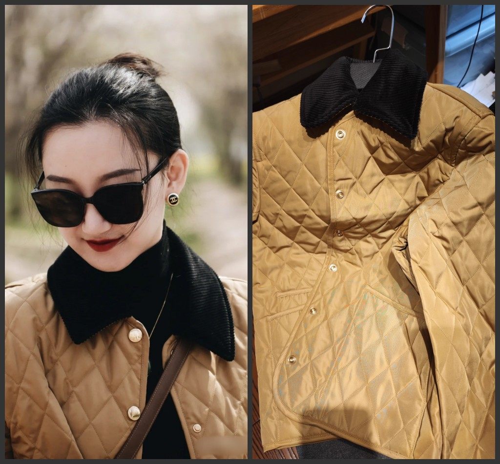 复古经典黄金甲 灯芯绒翻领菱形格刺绣棉服洋气薄外套春季新款女