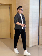 夏季条纹短袖衬衫五分袖大码