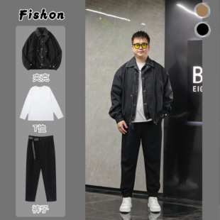 【三件套】春季大码牛仔拼接假两件夹克套装男款休闲夹克外套5770