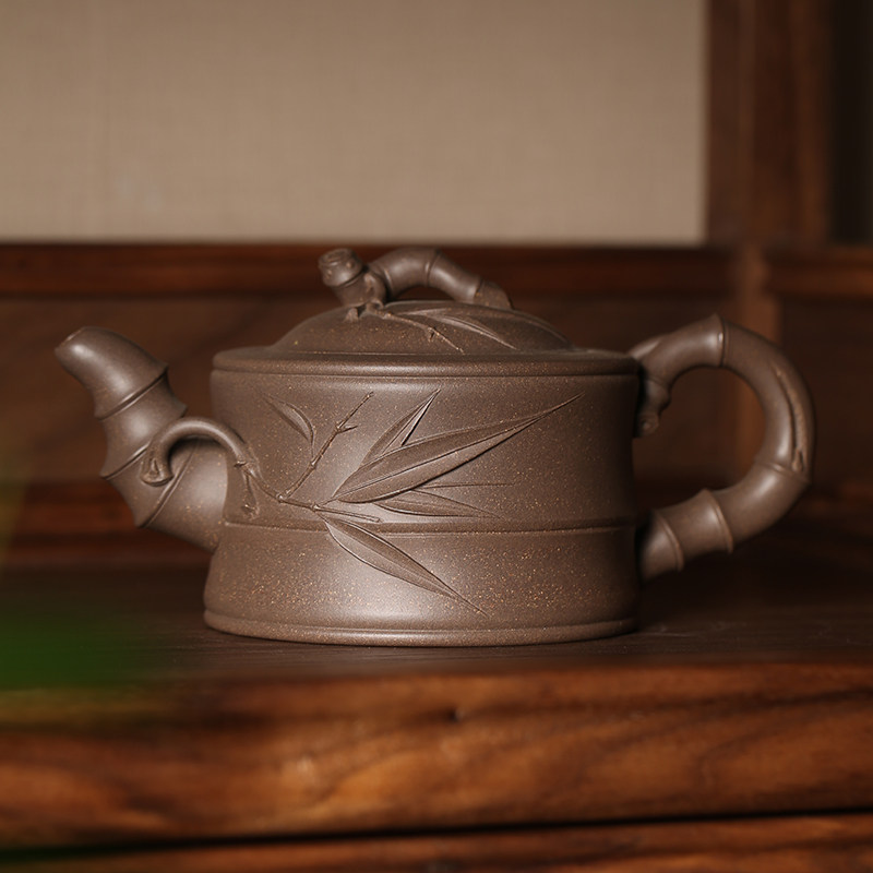 宜兴紫砂俞春雷作品手工贴竹工艺原矿青灰段紫砂壶鉴赏茶具多款