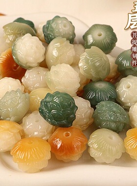 天然菩提根雕刻莲花绿色飘花碳烧五层莲花手工DIY手机链手串配件