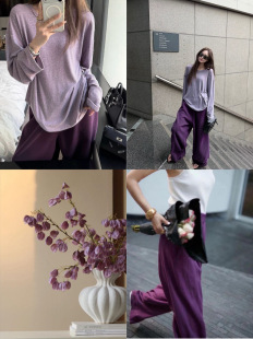 非富即贵就穿紫纸片人亚麻懒懒衫 黑珻芙芙天丝麻长裤