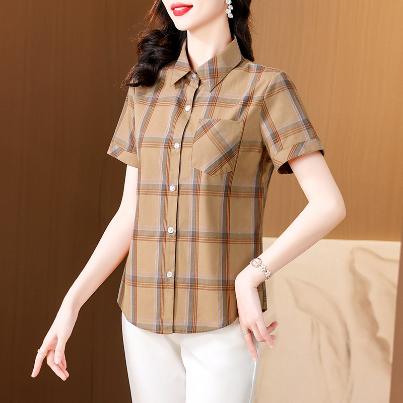 w36夏装妈妈装格子纯棉短袖衬衫休闲妇女寸衫中老年女半袖a92衬衣