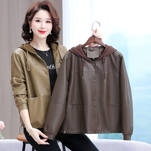 带帽子中老年女秋冬装 n69秋季 中年妈妈装 皮衣短款 a02皮外套 连帽衫