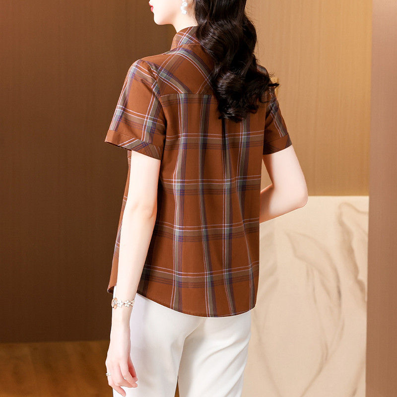 w36夏装妈妈装格子纯棉短袖衬衫休闲妇女寸衫中老年女半袖a02衬衣