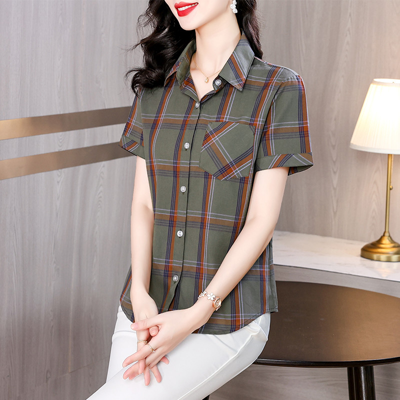 w29夏装妈妈装格子纯棉短袖衬衫休闲妇女寸衫中老年女半袖c08衬衣