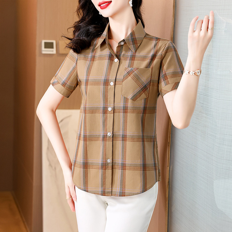 w36夏装妈妈装格子纯棉短袖衬衫休闲妇女寸衫中老年女半袖a95衬衣