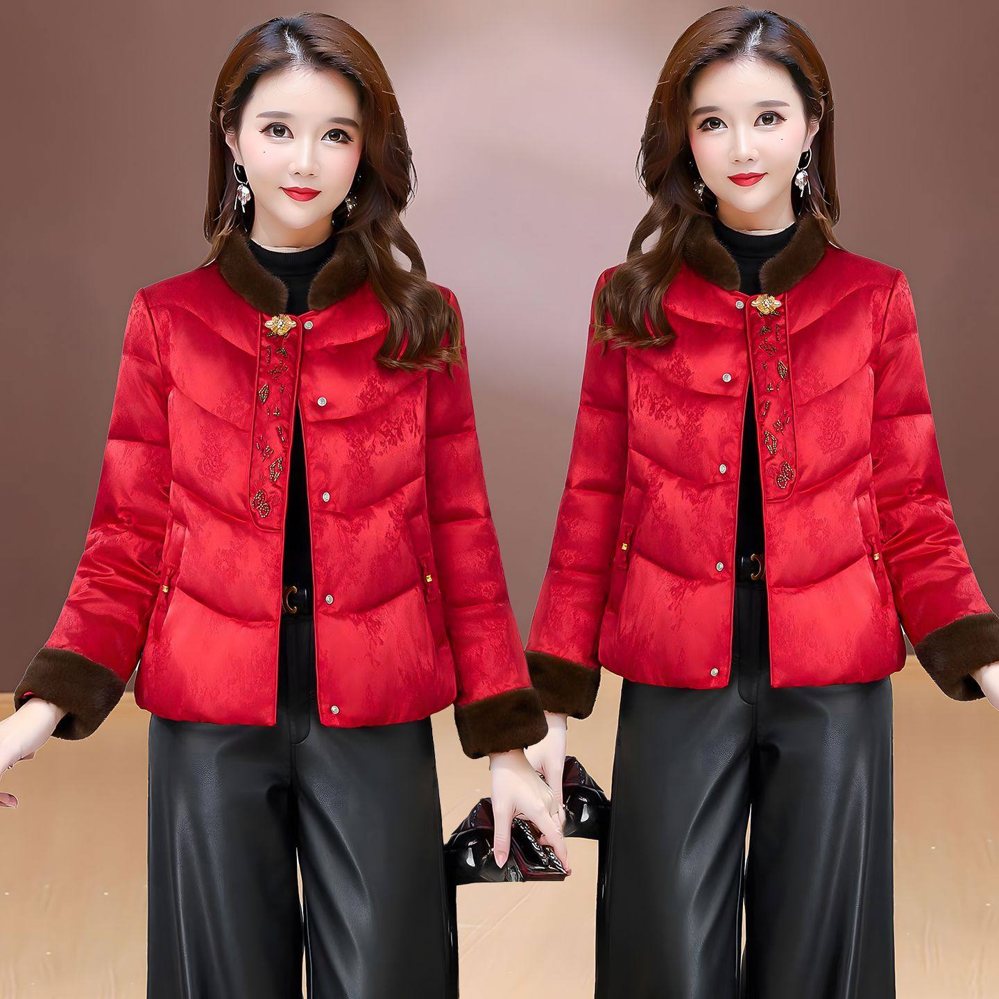 新中式风毛领提花短款棉衣女2025新款妈妈冬季单排扣洋气保暖棉袄