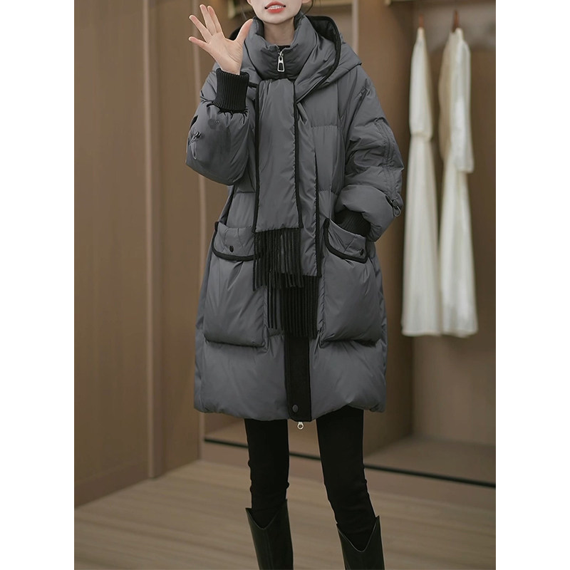 高档连帽中长款阔版羽绒服女2024冬季新款加厚保暖妈妈白鸭绒外套