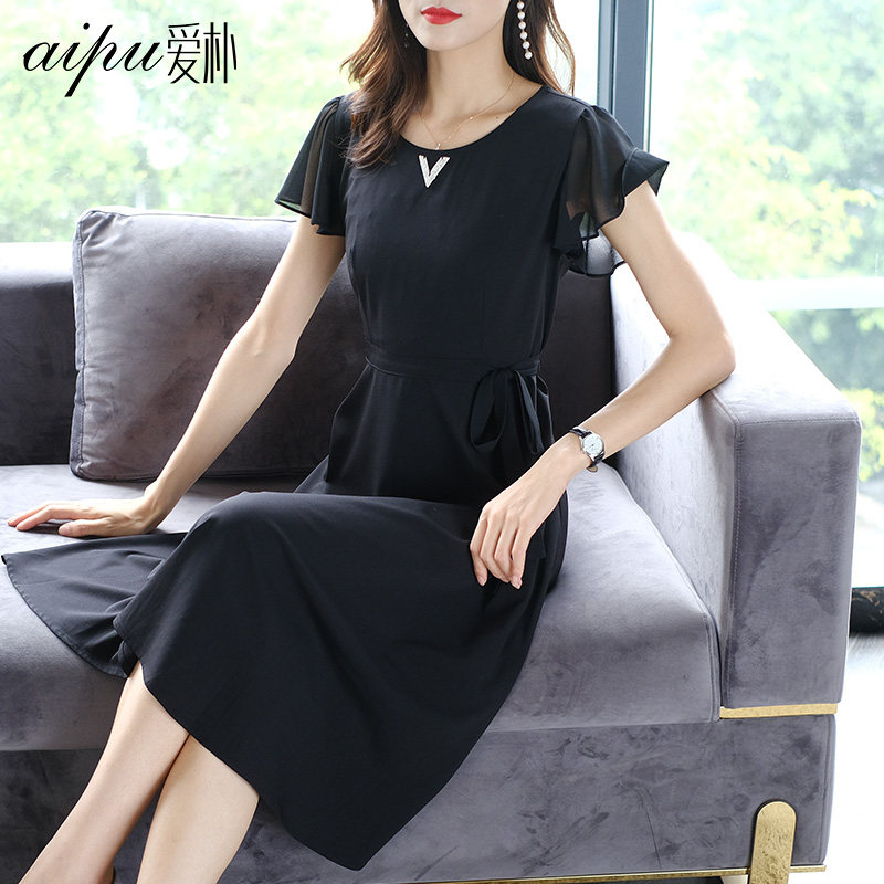 爱朴2020夏装新款胖mm黑色连衣裙名媛气质洋气大码女装显瘦遮肚子