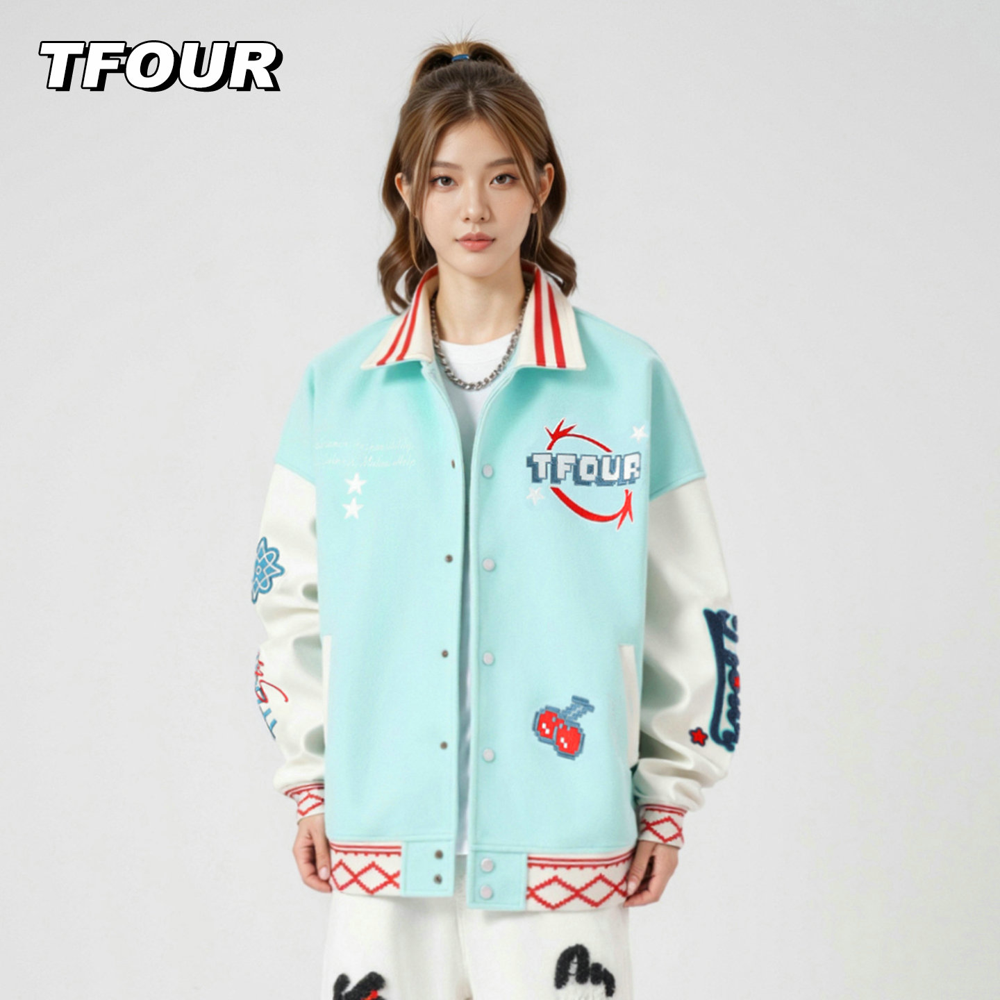 tfour浅蓝色翻领棒球服情侣外套