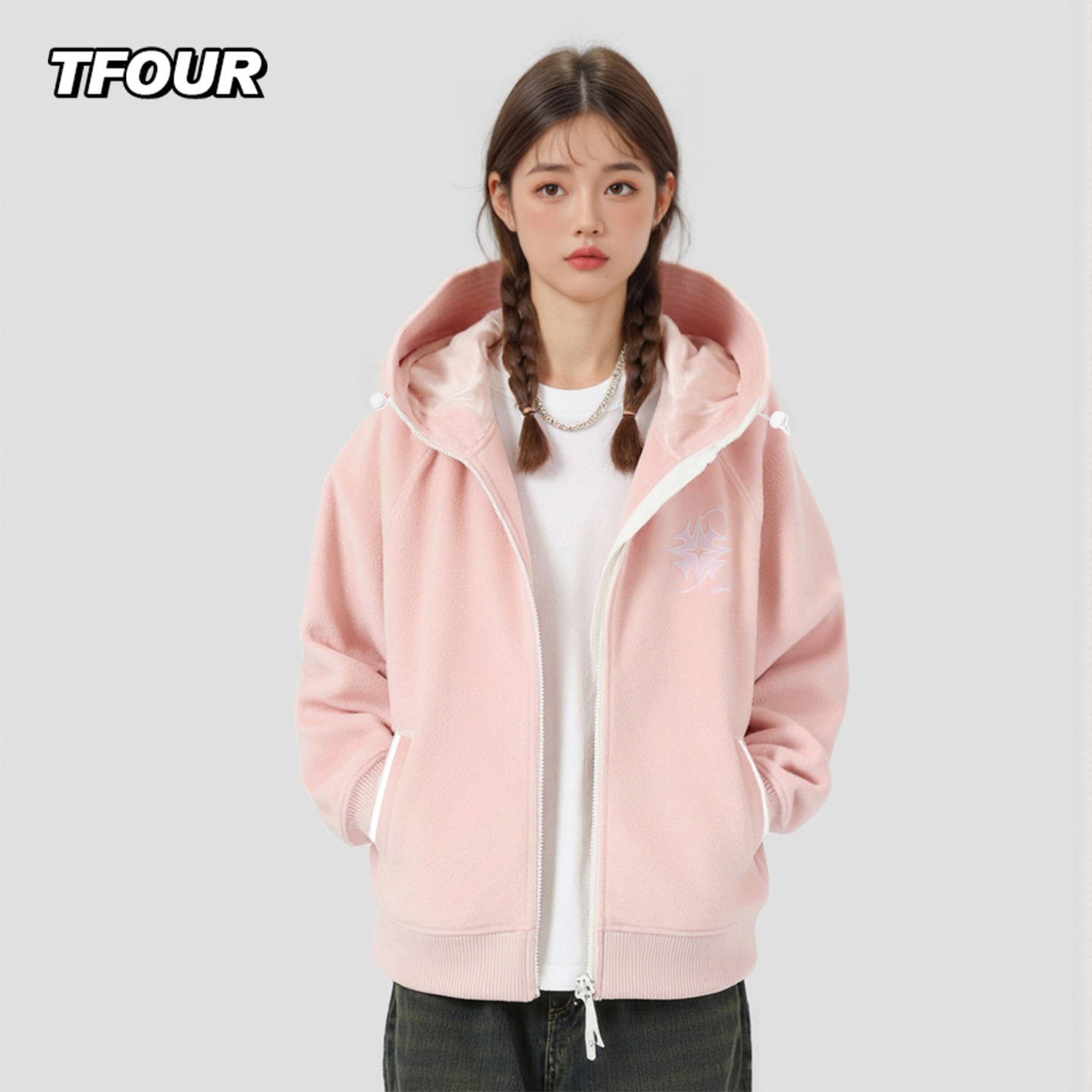 TFOUR连帽呢子刺绣大衣外套