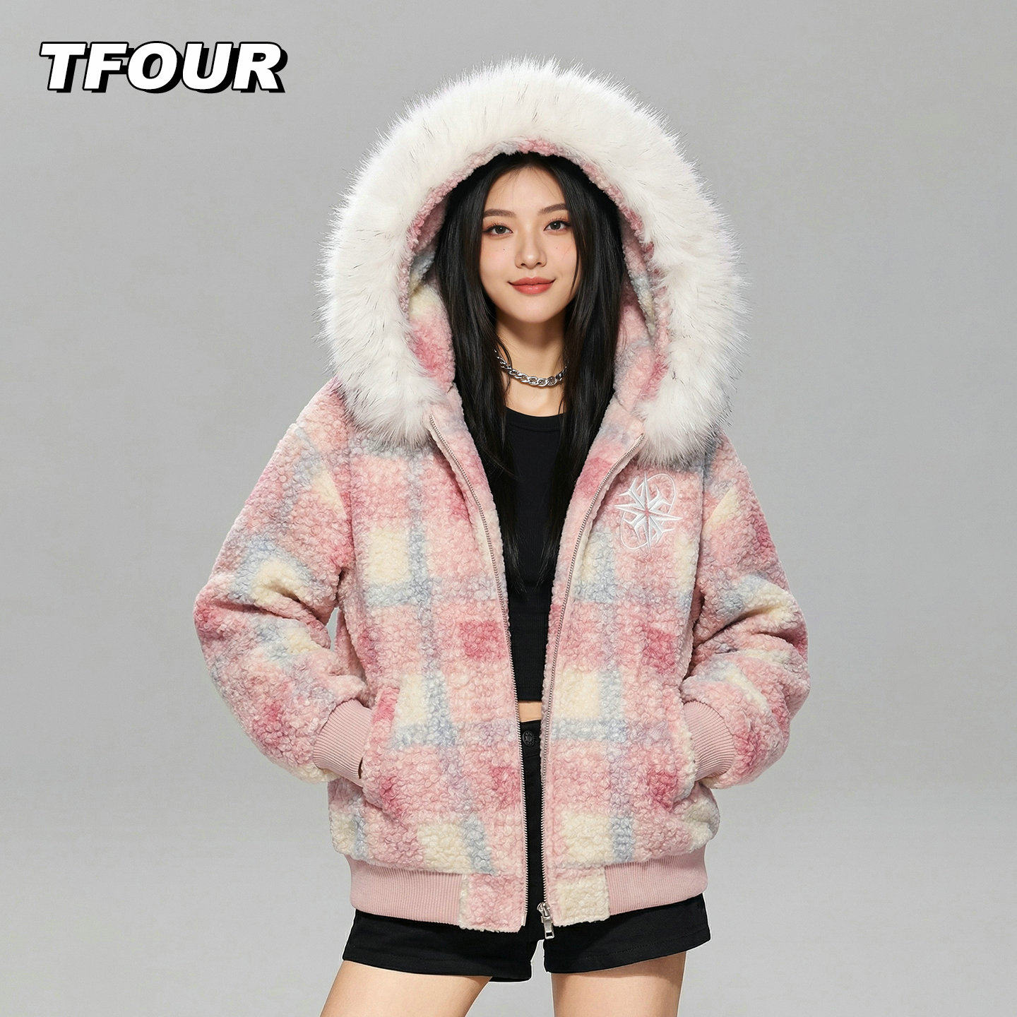 TFOUR 情侣美式毛绒格子连帽加厚棉衣女情侣装秋冬季大毛领外套男