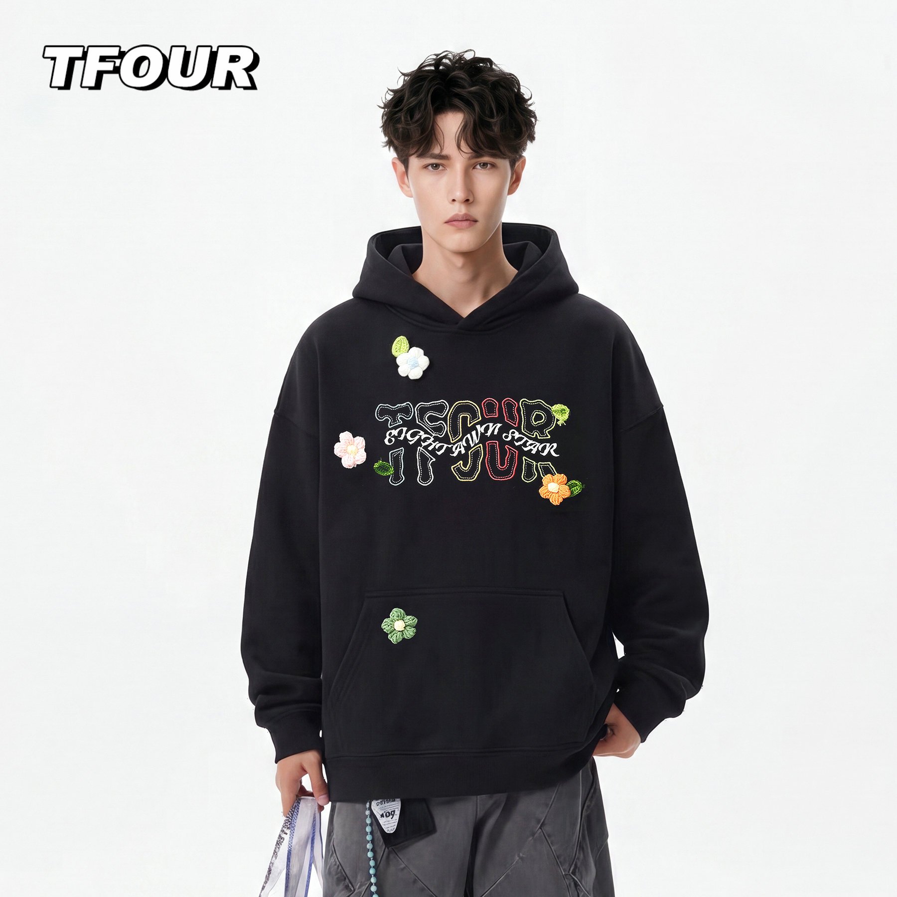 TFOUR 嘻哈创意植物花卉刺绣外套男2026新款美式高街情侣连帽卫衣