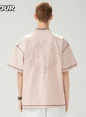TFOUR八芒星潮牌男女刺绣T恤短袖粉色夏季新款宽松情侣装美式纯棉