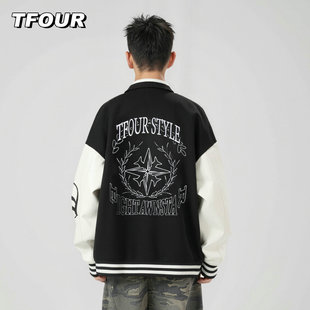 TFOUR 重磅美式复古嘻哈刺绣棒球服外套男女潮牌情侣翻领夹克外套