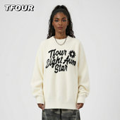 TFOUR 套头针织衫 国潮宽松休闲马海毛字母圆领毛衣男女秋冬季 新款