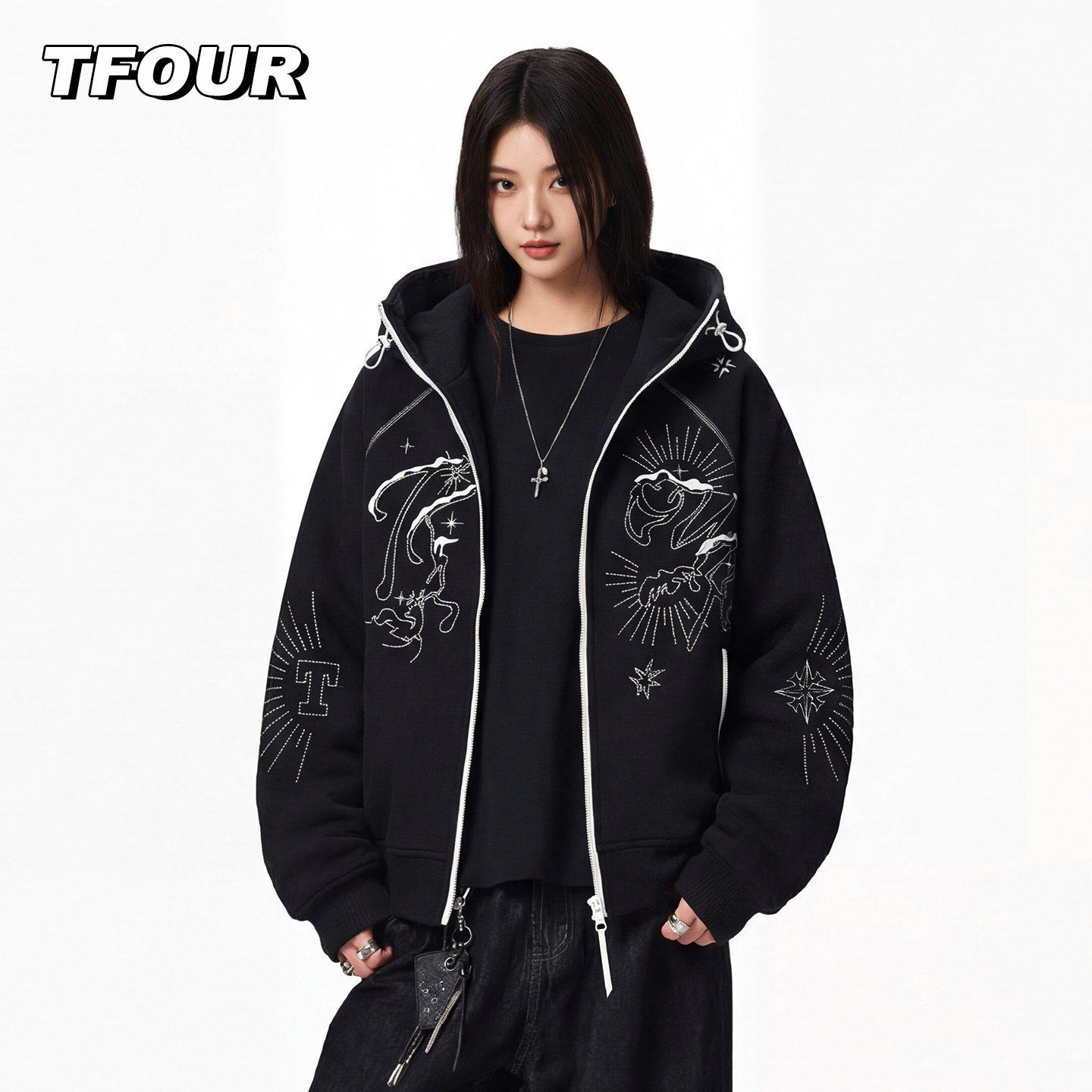 TFOUR 美式重磅刺绣呢子夹克外套男女潮牌高街休闲大帽子开衫卫衣