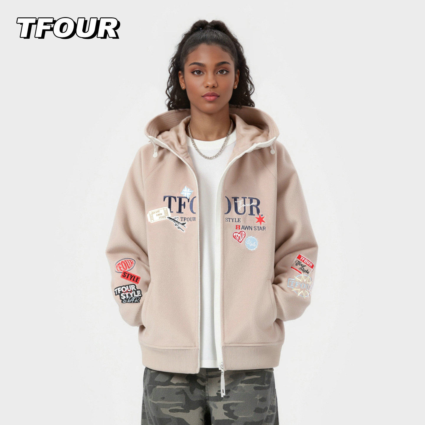 TFOUR 美式重磅呢子连帽卫衣男女款国潮牌秋冬季宽松拉链夹克帽衫
