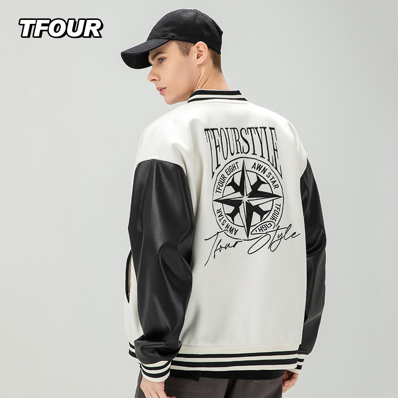 TFOUR 2025秋冬新款八芒星外套男女情侣款棒球服拼接毛呢夹克潮牌,男装,夹克,淘宝优惠券,粉丝福利购,淘宝优惠卷