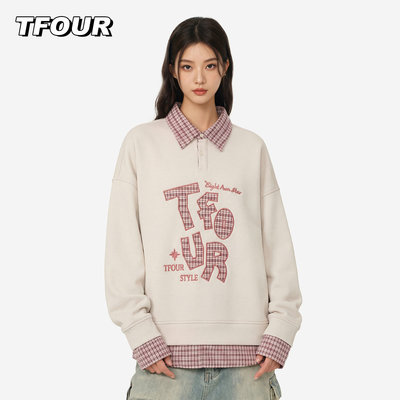 TFOUR学院风情侣假两件卫衣外套