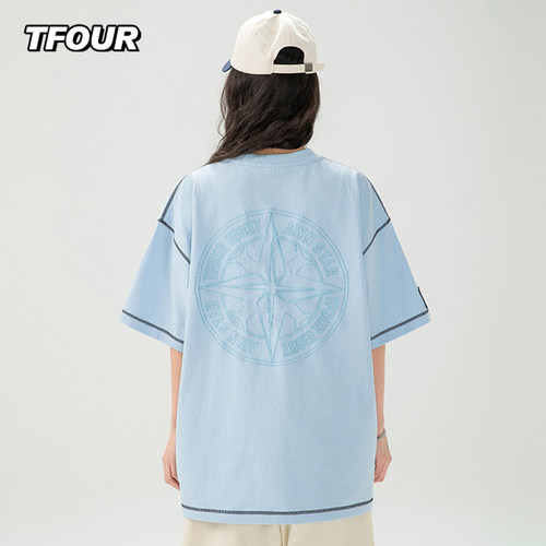 TFOUR潮牌美式刺绣短袖T男女同款