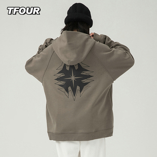 潮牌复古 卫衣咸菜绿八芒星oversize连帽情侣衫 TFOUR 加绒秋冬季