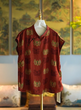 蓝大原创女装日常国风立领短袖彩金蝴蝶真丝香云纱红色上衣7893