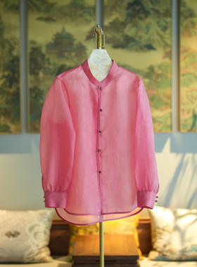 蓝大原创女装减龄粉红色立领长袖单排扣真丝透视欧根绡衬衫7630