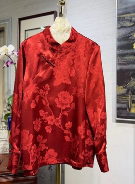 蓝大原创女装中国风牡丹立领长袖真丝冠乐绉显瘦喜庆红色上衣5498