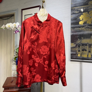 蓝大原创女装 真丝冠乐绉显瘦喜庆红色上衣5498 中国风牡丹立领长袖
