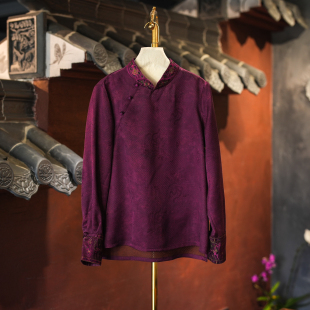 刺绣上衣5895 真丝香云纱宽松遮肉新中式 蓝大原创女装 复古立领长袖