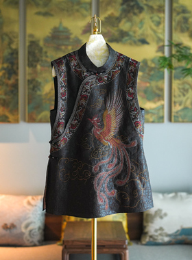 蓝大原创女装国潮凤凰刺绣真丝龟裂纹咖色显瘦中长款无袖上衣5456