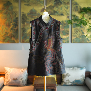 蓝大原创女装国潮凤凰刺绣真丝龟裂纹咖色显瘦中长款无袖上衣5456