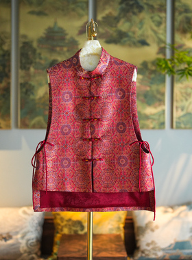 蓝大原创女装中国风红色立领单排扣宽松百搭桑蚕丝宋锦马甲5210