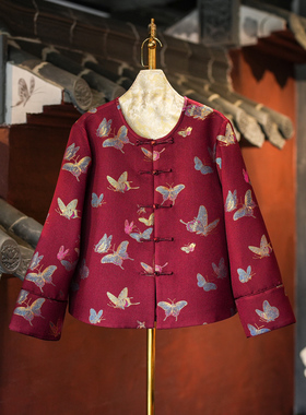 蓝大原创女装超仙蝴蝶喜庆回门红色单排扣圆领长袖桑蚕丝外套5777