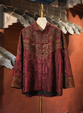 蓝大原创女装重工刺绣l立领单排扣喜宴红色真丝香云纱外套5846