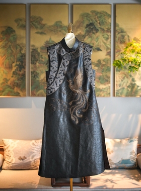 蓝大原创女装重工凤凰刺绣立领无袖真丝龟裂纹长款连衣裙5343