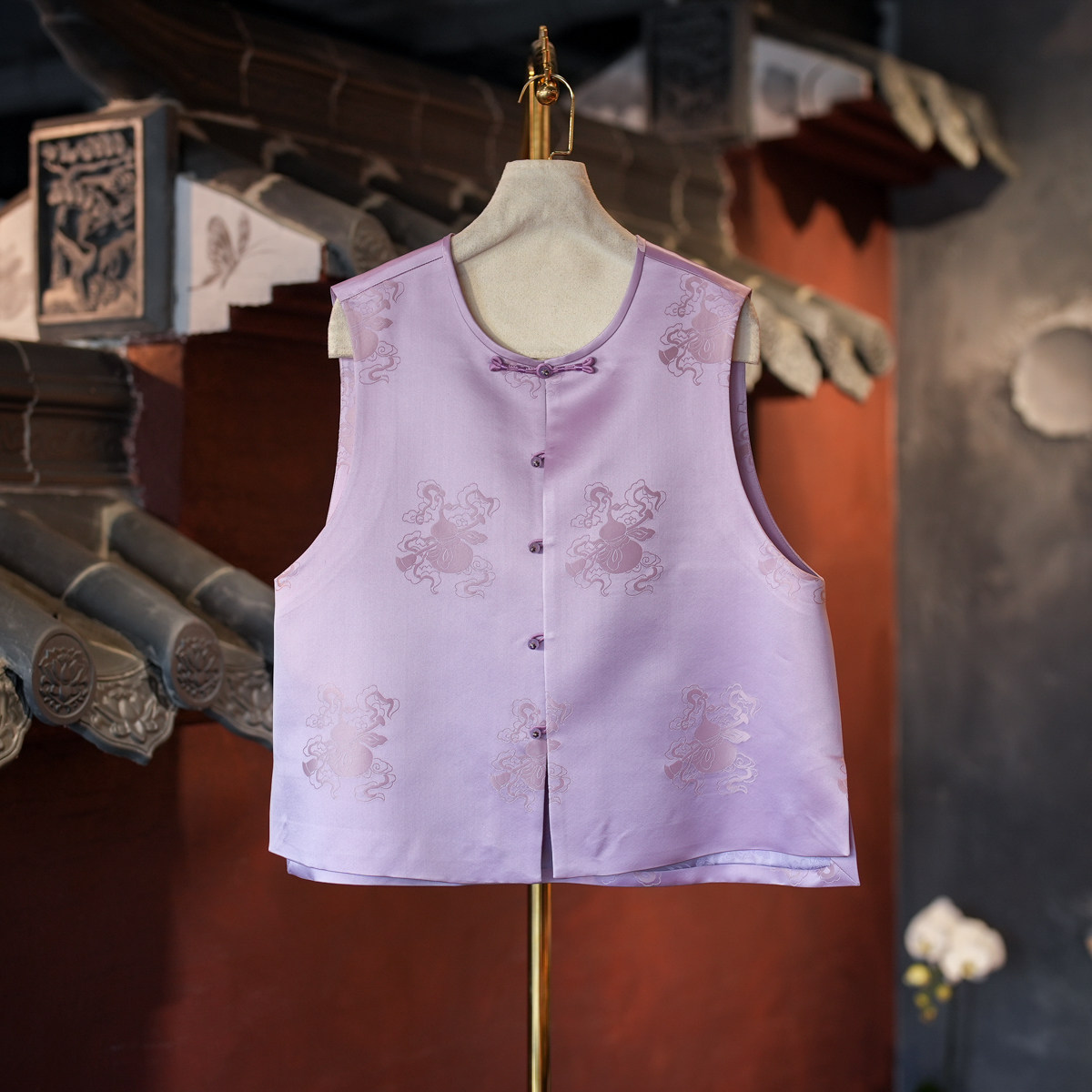 蓝大单排扣国风圆领大码紫色马甲