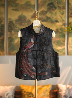 蓝大原创女装重工刺绣立领无袖单排扣大码真丝香云纱黑色马甲5531