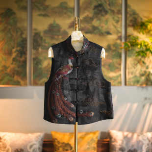 真丝香云纱黑色马甲5531 单排扣大码 蓝大原创女装 重工刺绣立领无袖