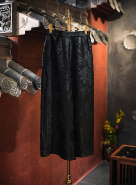 蓝大原创女装新中式日常松紧高腰桑蚕丝黑色显瘦直筒阔腿长裤5654