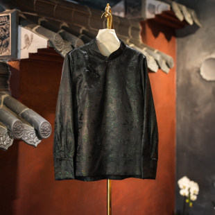 桑蚕丝上衣5792 显瘦长袖 蓝大原创女装 复古盘扣立领非遗香云纱大码